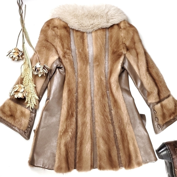 Sedran Furs Vintage Mink Leather Belted Fur Coat Combo - Picture 3 of 16